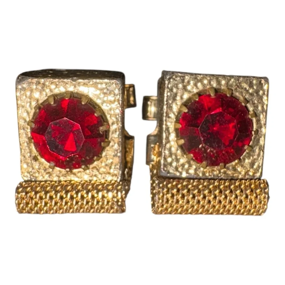 Vintage Gold Tone Mesh Wrap Cufflinks Red Rhinestone 1960s J42